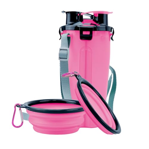 KIACFFH Faltbare Hundenäpfe, tragbare Hunde-Wasserflasche mit zusammenklappbarem Hundenapf für Spaziergänge im Freien (Rosa, Wasser-Futterflasche + 350 ml) von KIACFFH