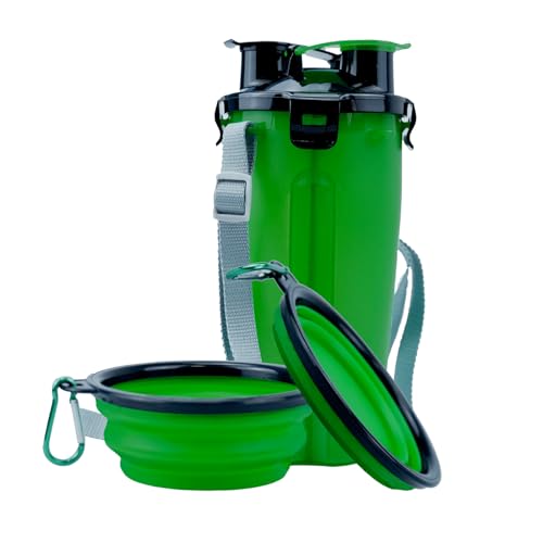 KIACFFH Faltbare Hundenäpfe, tragbare Hunde-Wasserflasche mit zusammenklappbarem Hundenapf für Spaziergänge im Freien (grün, Wasser-Futterflasche + 2 x 350 ml) von KIACFFH