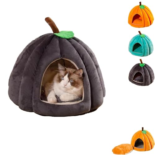 KIEYIQE Kürbis-Katzenbett, weiches Katzenhöhlenbett im Kürbis-Stil, Haustierzelt, Katzenhaus mit abnehmbarem Kissen, Halloween-Katzenbett (Large,Gray) von KIEYIQE