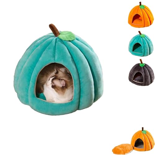 KIEYIQE Kürbis-Katzenbett, weiches Katzenhöhlenbett im Kürbis-Stil, Haustierzelt, Katzenhaus mit abnehmbarem Kissen, Halloween-Katzenbett (Large,Green) von KIEYIQE