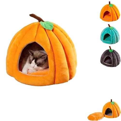 KIEYIQE Kürbis-Katzenbett, weiches Katzenhöhlenbett im Kürbis-Stil, Haustierzelt, Katzenhaus mit abnehmbarem Kissen, Halloween-Katzenbett (Large,Yellow) von KIEYIQE