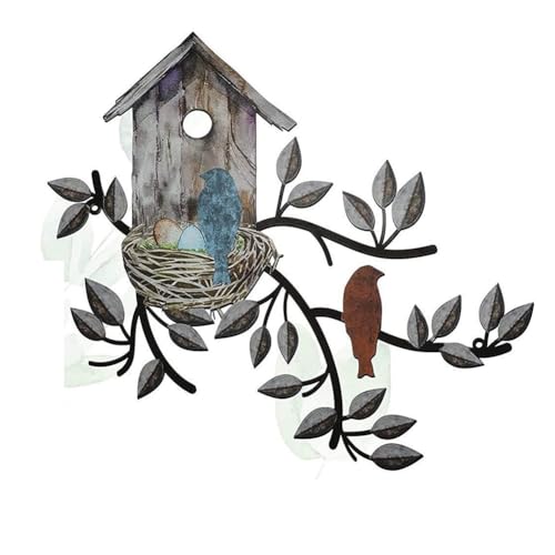 KIKAPA Metallbaum zum AufhäNgen mit Vogelhaus, Wandkunst, Wanddekoration für Den AußEnbereich, Vogeldekorationen für zu Hause, Metallblatt-Wanddekoration C von KIKAPA