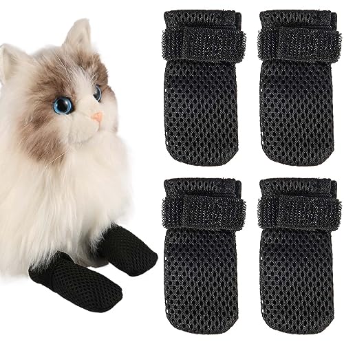 4St Anti Kratz Katzenfäustlinge, Verstellbar Netzstoff Katzenschuhe, Atmungsaktiv Katzenpfotenschutz, Katzenstiefel zum Baden von Haustieren, Schneiden von Nägeln, Überprüfen (XL, Schwarz) von KINBOM