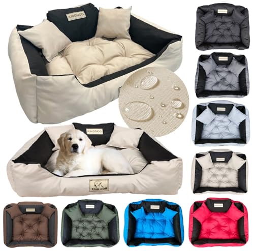 KING DOG Hundebett Grosse Hunde Waschbar L 100x75 cm Hundekissen Haustierbett Hundekorb | Personalisiert - Name des Hundes | Wasserdichtes Material Silikon Füllung Beige von KING DOG