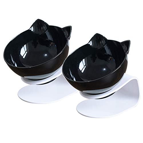 KINGBOO 2 Pack Katzen-Wasser- und Futternapf, 15° geneigte Plattform Rise Futter und Wasser erhöhter Welpenhalsschutz Futterspender schwarz von KINGBOO