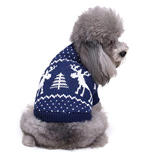 KINGBOO Weihnachtspullover für Hunde, Katzen, Welpen, Strickwaren, Weihnachtspullover, Sweatshirt für Kätzchen, süßes Rentier, Elch, Kostüm für Haustiere, blau, Größe L von KINGBOO