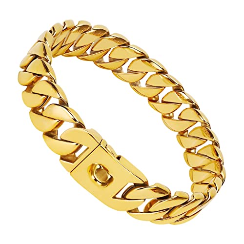 Big Dog Kettenhalsband, 32 mm, kubanisches Kettengliederhalsband mit Design-Sicherheitsschnalle, 18 Karat Gold, 316L Martingal-Halsbänder, Edelstahl, langlebig, kaubar, für alle Rassen, mittelgroße von KINGOLDOGS