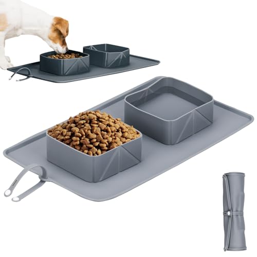 Hundenapf, Hundenäpfe Faltbare Silikon, 2 in 1 Futternapf Reisenapf Hunde, Tragbare Fressnäpfe für Kleine und Große Hunde, Kann Futter und Wasser - Grau von KINGOZOYI