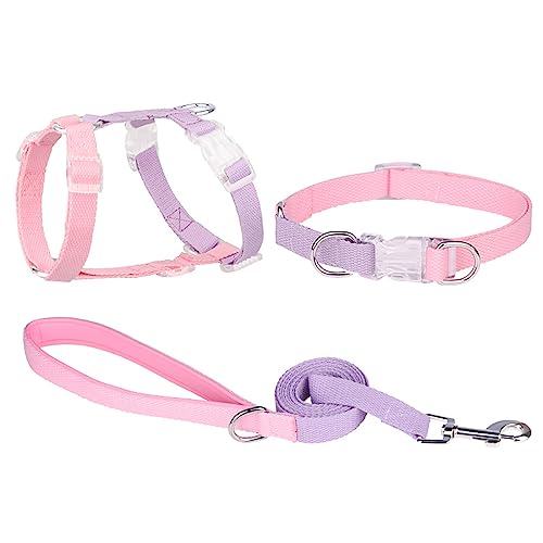 KINLYBO 3-teiliges Brustgeschirr-Set für Haustiere, verstellbarer Hals für Katzen, mit Zugseil, Pink/Violett, Größe XS von KINLYBO