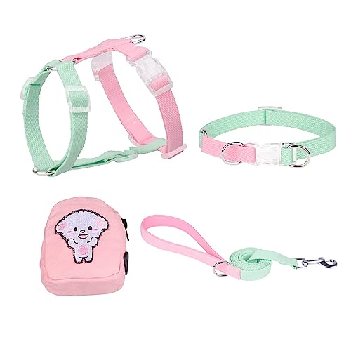 KINLYBO 4pcs Pets Brustgeschirr Set Verstellbarer Hals für Katzen mit Zugseil & Tasche Grün Pink XS von KINLYBO