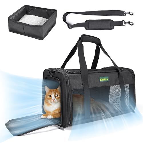 Katzentoilette mit Katzentoilette, 43,2 x 27,9 x 24,1 cm, weiche Seiten, für Fluggesellschaften zugelassen, Haustierreisetasche bis zu 8,2 kg, faltbare Haustier-Tragetasche für mittelgroße Katzen, von KISFLY