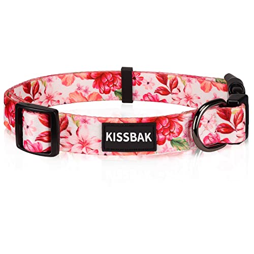 KISSBAK Hundehalsband für große Hunde - Niedliches Halsband für kleine, mittlere und große Mädchenhunde mit weichen, verstellbaren Blumenmotiven in Mädchenwelpen (L, Pink Pfingstrose) von KISSBAK