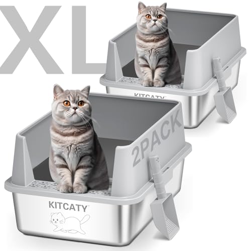 2 Pack Edelstahl Katzen Toilette, Metall Katzentoilette mit Deckel hohe Seiten, XL Extra große Katzentoilette für große Katzen, nimmt nie Gerüche auf, auslaufsicher, fleckenfrei, rostfrei, leicht zu von KITCATY