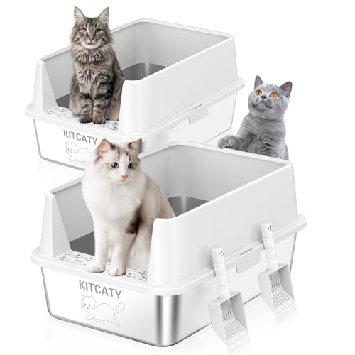 2er-Pack Edelstahl-Katzentoilette, Metall-Klo mit Deckel, hohe Seiten, extra große Katzentoilette für große Katzen, nimmt keine Gerüche auf, auslaufsicher, schmutzfrei, leicht zu reinigen, Schaufel im von KITCATY