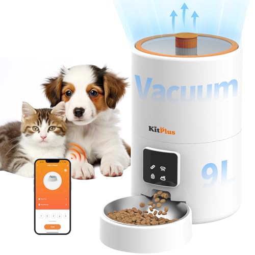 Kitplus Vakuum Automatischer Katzenfutterspender, 9L Katzenfutterspender, App Timer zum Feeder, Futter frisch halten, Deckel verriegeln, verbesserter Dosierkanal von KITPLUS