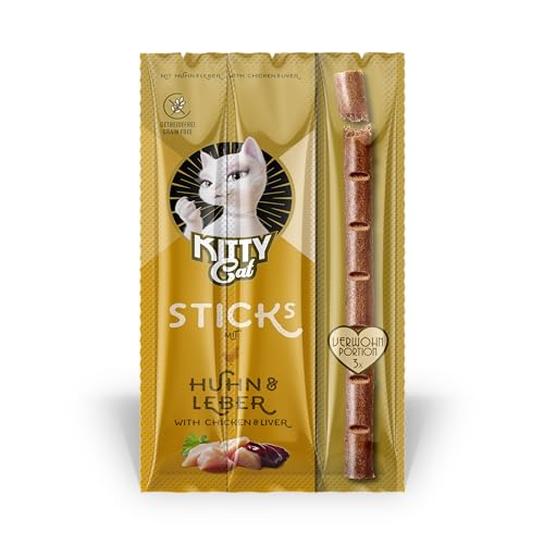 KITTY Cat Sticks Huhn & Leber, 15 g, softe Leckerlis für Katzen, getreidefreier Snack mit hohem Fleischanteil und Taurin, 3 Sticks à 5 g von KITTY Cat