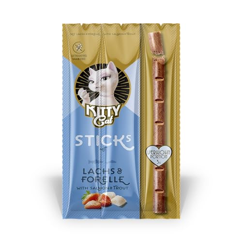 KITTY Cat Sticks Lachs & Forelle, 15 g, softe Leckerlis für Katzen, getreidefreier Snack mit hohem Fleischanteil und Taurin, 3 Sticks à 5 g von KITTY Cat