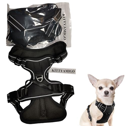 Perro Mops Geschirr,No Pull Design für kleine Hunde,Premium Komfort für Französische Bulldoggen, Mops, Corgis & Chihuahuas,Welpen-Trainingsgeschirr (S, Schwarz) von KITTYAMIGO