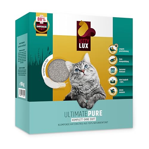 KittyLux klumpende Katzenstreu Ultimate Pure 10kg ohne Duft für Sensible Katzen, Klumpstreu 100% Naturbentonit, extrem staubarm, Feste Klumpenbildung, schnelle Geruchsbildung, geringer Verbrauch von KITTYLUX