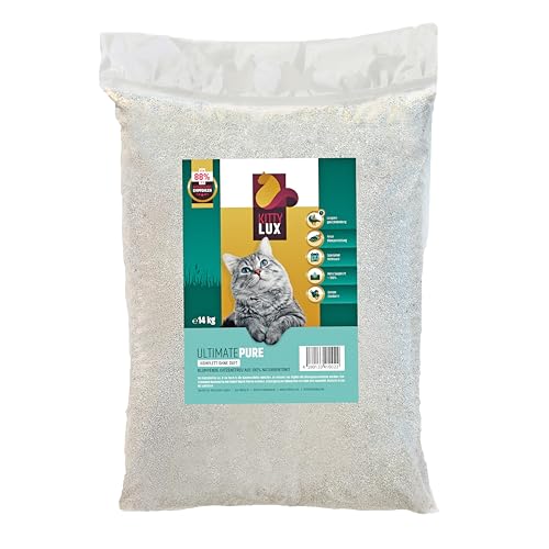 KittyLux klumpende Katzenstreu Ultimate Pure 2x14kg ohne Duft für Sensible Katzen, Klumpstreu 100% Naturbentonit, extrem staubarm, Feste Klumpenbildung, schnelle Geruchsbildung, geringer Verbrauch von KITTYLUX