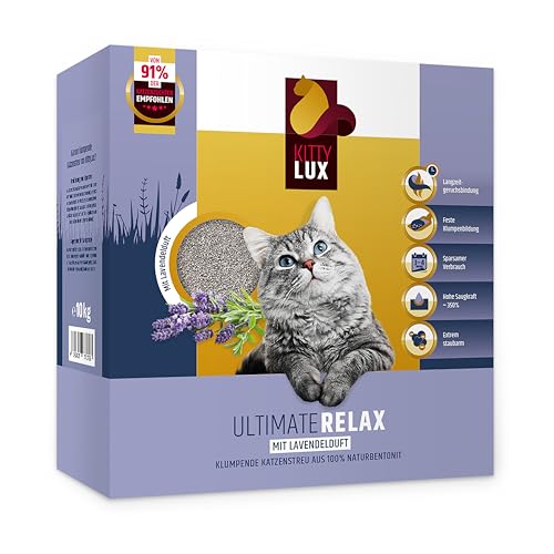 KittyLux klumpende Katzenstreu Ultimate Relax 10kg mit Lavendelduft für Sensible Katzen, Klumpstreu 100% Naturbentonit, Feste Klumpenbildung, schnelle Geruchsbildung, geringer Verbrauch von KITTYLUX