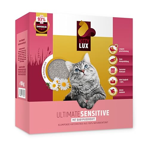 KITTYLUX KittyLux klumpende Katzenstreu Ultimate Sensitive 10kg mit Babypuderduft für Sensible Katzen, Klumpstreu 100% Naturbentonit, Feste Klumpenbildung, schnelle Geruchsbildung, geringer Verbrauch von KITTYLUX