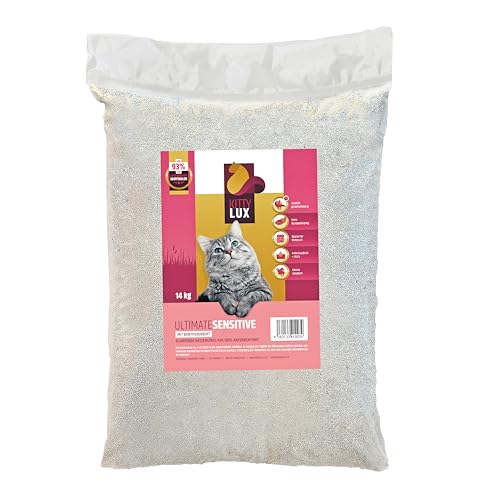 KITTYLUX KittyLux klumpende Katzenstreu Ultimate Sensitive 14kg mit Babypuderduft für Sensible Katzen, Klumpstreu 100% Naturbentonit, Feste Klumpenbildung, schnelle Geruchsbildung, geringer Verbrauch von KITTYLUX