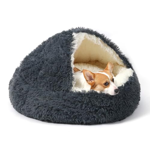 KITTYWOO Hundebett, rund, mit Kapuze, Plüsch, Katzenhöhle, selbstwärmend, Donut, Anti-Angst, flauschiges Haustierbett für Welpen und Kätzchen von KITTYWOO