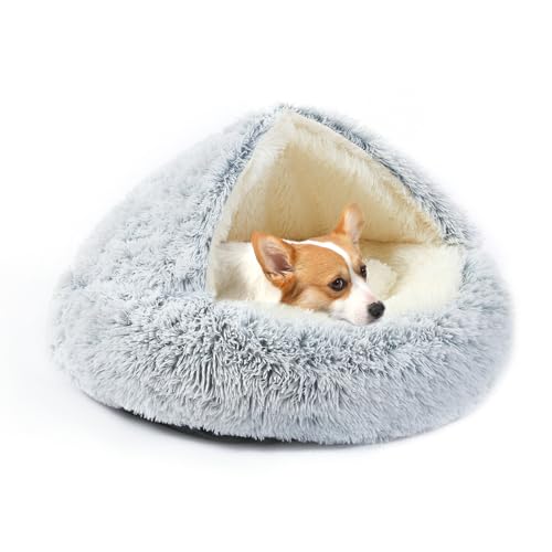 KITTYWOO Hundebett, rund, mit Kapuze, Plüsch, Katzenhöhle, selbstwärmend, Donut-Form, Anti-Angst, flauschiges Haustierbett für Welpen und Kätzchen von KITTYWOO