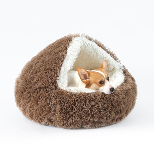 KITTYWOO Hundebett, rund, mit Kapuze, Plüsch, Katzenhöhle, selbstwärmend, Donut-Form, Anti-Angst, flauschiges Haustierbett für Welpen und Kätzchen von KITTYWOO