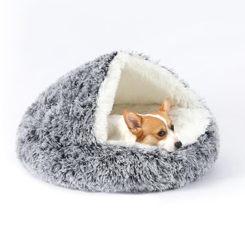 KITTYWOO Hundebett, rund, mit Kapuze, Plüsch, Katzenhöhle, selbstwärmend, Donut-Form, Anti-Angst, flauschiges Haustierbett für Welpen und Kätzchen von KITTYWOO