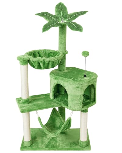 KIYUMI 26G Kratzbaum Katzenturm mit Sisal-Kratzbaum für Indoor-Katzen Katzenbaum Katzenmöbel mit Hängematte Sitzstange und Kätzchenball Spielzeug, mehrstufiges Haustier-Aktivitätszentrum, Grün von KIYUMI