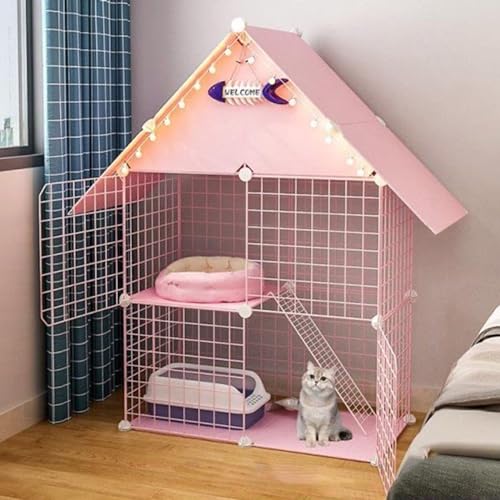 2-lagiger Katzenkäfig für den Innenbereich, Drahtkatzenkäfig, tragbarer Katzenkäfig, Faltbarer Haustierkäfig/blau (Pink) von KJHYYPP