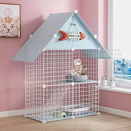 2-lagiger Katzenkäfig für den Innenbereich, Faltbarer Katzenkäfig, Haustierkäfig für Katzen, Haustier-Übungszaun, DIY-Drahtzaun für 1–3 Katzen (Blue 75x39x109cm) von KJHYYPP