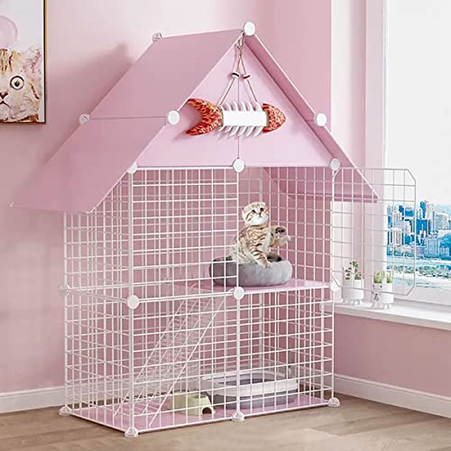 2-lagiger Katzenkäfig für den Innenbereich, Faltbarer Katzenkäfig, Haustierkäfig für Katzen, Haustier-Übungszaun, DIY-Drahtzaun für 1–3 Katzen (Pink 75x39x109cm) von KJHYYPP