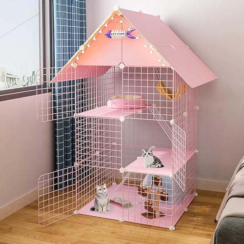 Katzenkäfigzaun, 3-lagiger Katzenkäfig für den Innenbereich, groß, mit Lagerregal, DIY-Haustierzaun für 1–3 Katzen (Pink) von KJHYYPP