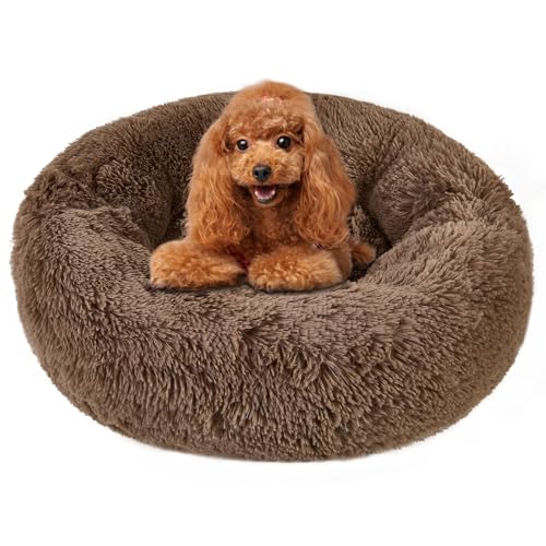 Beruhigendes Donut-Hunde- und Katzenbett, rutschfest, waschbar, gemütlich, weich, rund, flauschiges Kunstfell-Plüsch-Hundebett für kleine, mittelgroße Hunde und Katzen (Khaki, 61 x 61 cm) von KKBDOO