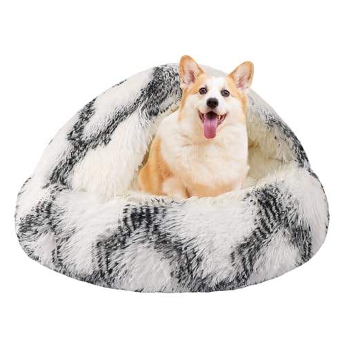 Rundes Katzenbett mit Kapuze und Hundebett, mit Höhle, Hundebett für kleine Hunde, Kunstfell-Kuschelbett, rundes Katzenbett, selbstwärmendes Donut-Hundebett (Grau / Weiß, 61 x 61 cm) von KKBDOO