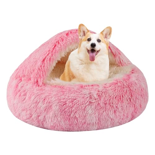 Rundes Katzenbett und Hundebett mit Kapuze, Höhle, Hundebett für kleine Hunde, Kunstfell-Kuschelbett, rundes Katzenbett, selbstwärmendes Donut-Hundebett (Rosa, 61 x 61 cm) von KKBDOO