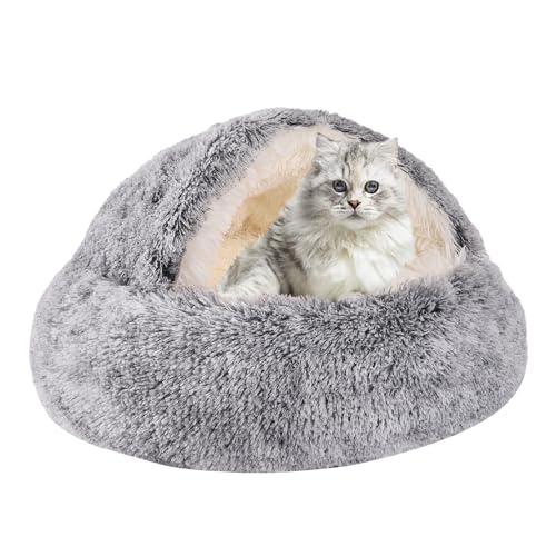 Rundes Katzenbett und Hundebett mit Kapuze, Höhle, Plüsch, gemütliches Hundebett, Kunstfell-Kuschelbett, rund, Katzenbett, selbstwärmendes Donut-Hundebett (Grau, 40,6 x 40,6 cm) von KKBDOO