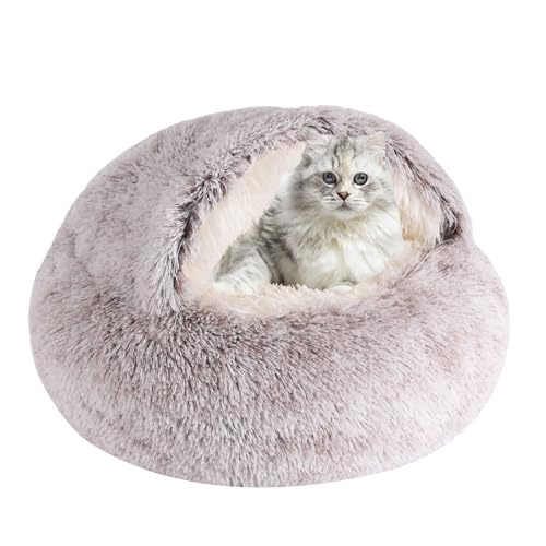 Rundes Katzenbett und Hundebett mit Kapuze, Höhle, Plüsch, gemütliches Hundebett, Kunstfell-Kuschelbett, rund, selbstwärmend, Donut-Hundebett (Kaffee, 40,6 x 40,6 cm) von KKBDOO