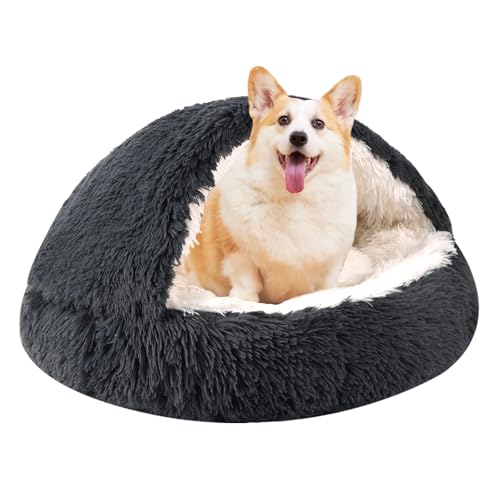 Rundes Katzenbett und Hundebett mit Kapuze und Höhle, Hundebett für kleine Hunde, Kunstfell-Kuschelbett, rundes Katzenbett, selbstwärmend, Donut-Hundebett (Dunkelgrau, 40,6 x 40,6 cm) von KKBDOO