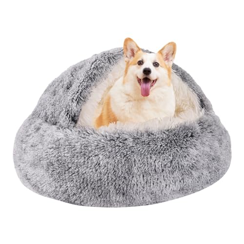 Rundes Katzenbett und Hundebett mit Kapuze und Höhle, Plüsch, gemütliches Hundebett, Kunstfell-Kuschelbett, selbstwärmendes Donut-Hundebett, abnehmbar, waschbar, rutschfest, mit angenähter Decke von KKBDOO