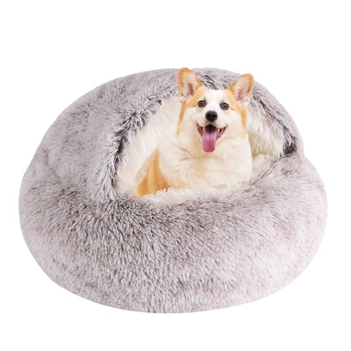 Rundes Katzenbett mit Kapuze und Hundebett, mit Höhle, Plüsch, gemütliches Hundebett, Kunstfell, kuschelig, rundes Katzenbett, selbstwärmend, Donut-Hundebett, abnehmbar, waschbar, rutschfest, mit von KKBDOO