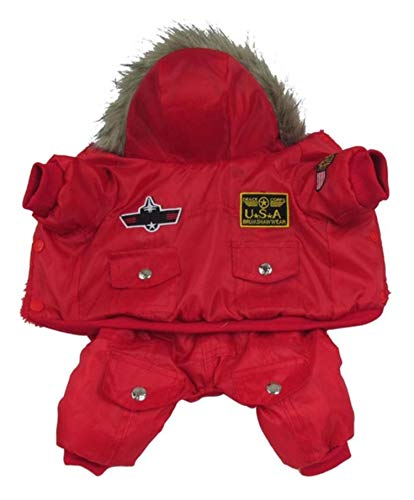 KKDIY Roter USA Airman Style Pet Dogs Mantel Warmes kleines Hundekleid Fleece Wintermantel Schneeanzug Kapuzenoverall wasserdichte Kleidung von KKDIY