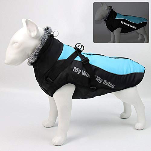 wasserdichte große Hundekleidung Winterhundemantel mit Gurt Pelzkragen Warme Haustierkleidung Große Hundejacke Labrador Bulldogge Kostüm, Blau, 2XL von KKDIY