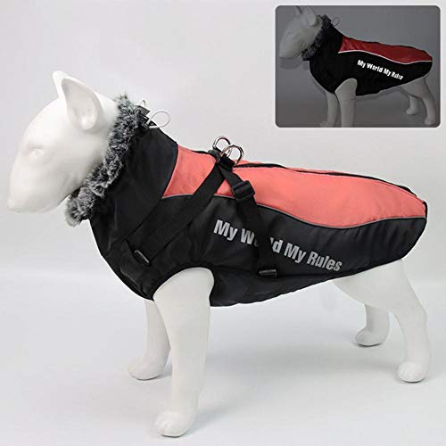 wasserdichte große Hundekleidung Winterhundemantel mit Gurt Pelzkragen Warme Haustierkleidung Große Hundejacke Labrador Bulldogge Kostüm, Rot, 2XL von KKDIY