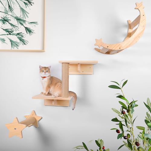 KKHAN Katzenwandregale Set, Katzenregale Wandmontage mit Mond Katzenhängematte Stern Katzenkratzbaum, Montiert Indoor Katzenwandmöbel Katzenregale und Sitzstangen Katzenwand Stufen Katze Kletterwand von KKHAN