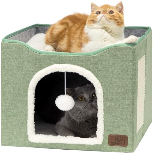 2 in 1 Plüsch Katzenbetten für Indoor Katzen-Große Katzenhaus Katzenhöhle mit Spielball und Kratzpad, Faltbares Katzenversteck von KKLZZUENI