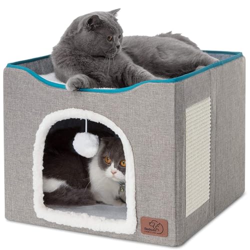 2 in 1 Plüsch Katzenbetten für Indoor Katzen-Große Katzenhaus Katzenhöhle mit Spielball und Kratzpad, Faltbares Katzenversteck von KKLZZUENI